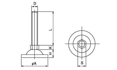 鉄 アジャスト調整レベルボルト (台座小径φ60タイプ)の寸法図