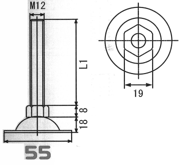 鉄 アジャスト調整レベルボルト (台座小径φ55タイプ)の寸法図