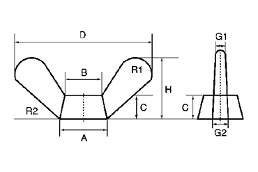 ステンレス 蝶ボルト(1種)(インチ・ウイット)の寸法図