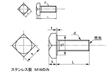 ステンレス 四角ボルト(全ねじ)(JIS規格品)の寸法図