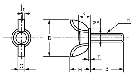 ステンレス プレス蝶ボルト (OPG製)の寸法図