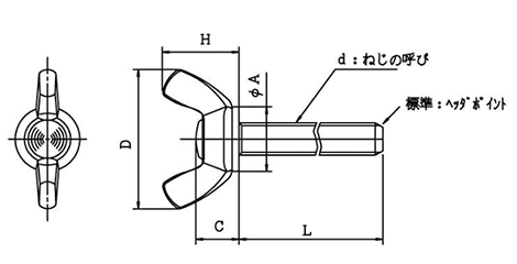 ステンレス 冷間蝶ボルト(2種)(Rタイプ)の寸法図