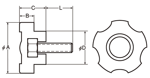ステンレス Gタイプ ノブボルト(G-2)黒 ABS樹脂(中型)(三星産業)の寸法図