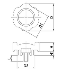 ステンレス グリップボルト 黒 ABS樹脂 G1(小型)菊型 ねじ部ステンレス (大丸鋲螺)の寸法図