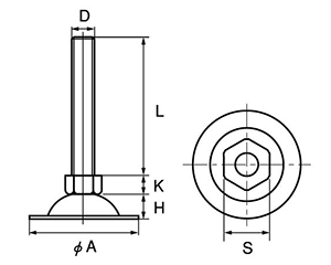 ステンレス アジャスト調整レベルボルト (受け座径φ55)の寸法図