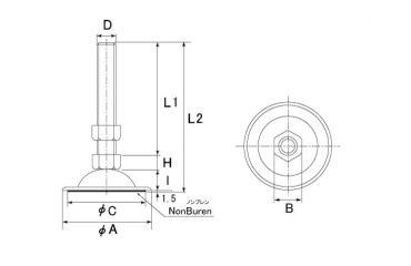 ステンレス アジャスト調整レベルボルト 耐震 SPシリーズ(重量タイプ)の寸法図