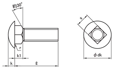 ステンレス 角根丸頭ボルト(A形1種)(根角ボルト)(全ねじ)(輸入品)の寸法図