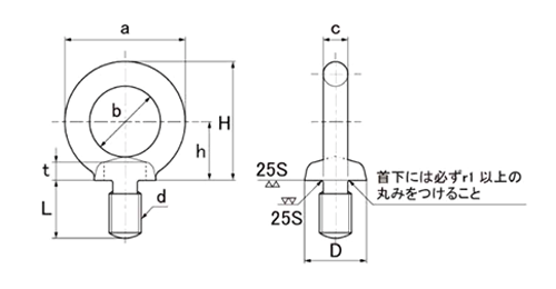 鋼 S45C(H) アイボルトの寸法図