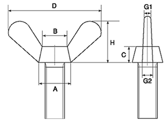 ステンレス SCS16(SUS316L相当品) 蝶ボルト(1種)(ミリネジ)の寸法図