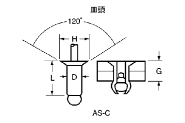 アルミ-鉄 ブラインドリベット AS 皿頭 (友淵製)の寸法図
