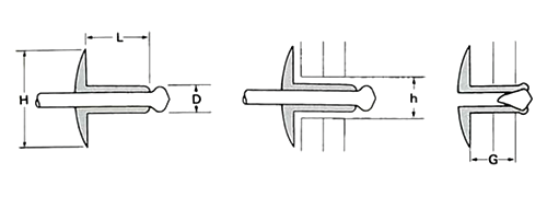 アルミ-鉄 オープンタイプ(ブラインド)リベット AS■-LF(ラ-ジフランジ)(丸頭)(KRS製)の寸法図