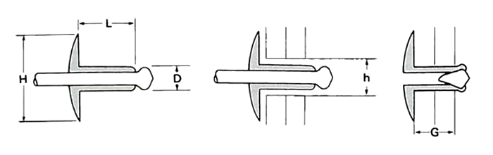 アルミ-アルミ オープンタイプ(ブラインド)リベット AA■-LF(ラ-ジフランジ)(丸頭)(KRS製)の寸法図