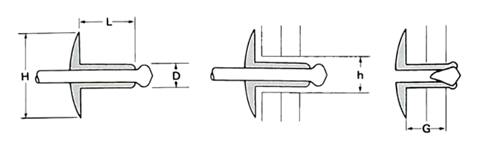 ステン-ステン オープンタイプ(ブラインド)リベット STST■-LF(ラ-ジフランジ)(丸頭)(KRS製)の寸法図