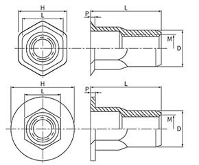 鉄 ブラインドナット 平頭ヘキサナット(六角)(DS●●HEX)(KRS)の寸法図