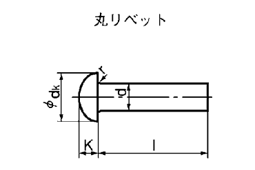 銅 丸リベット (軸径x首下長)の寸法図