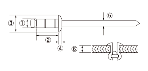 ロブテックス アルミ-鉄 APリベット (丸頭)(広範囲カシメ用)の寸法図