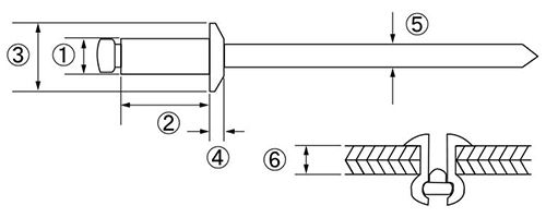 ステン-鉄 ブラインドリベット ヘッダー品 NSS-H (ニッセン製)の寸法図
