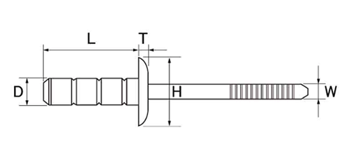 ロブテックス 鉄-鉄 マルチバルブ 高強度リベット (LSLB)(丸頭)(耐振動・広範囲カシメ用)の寸法図