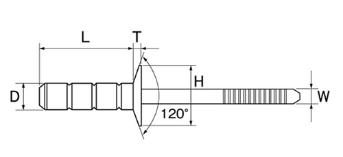 ロブテックス 鉄-鉄 マルチバルブ 高強度リベット (LSBM-K(皿頭)(受注生産品)の寸法図