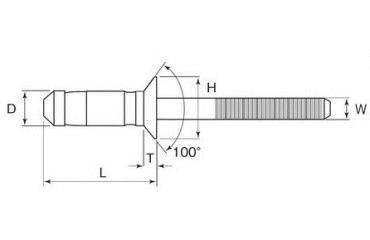 ロブテックス ステン-ステン ワイドバルブリベット皿頭LTWB (高強度・広範囲カシメ用)の寸法図