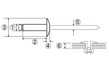 ロブテックス アルミ-鉄 ブラインドリベット NSA-LFEB (ラ-ジフランジ)(丸頭)(エコBOX入)の寸法図