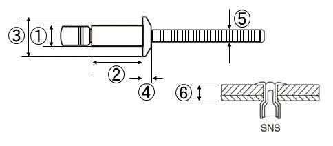ロブテックス 鉄-鉄 Sボルト 高強度リベット(アウターロック) SNS(丸頭) エコBOXの寸法図