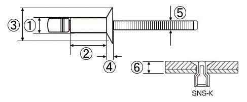 ロブテックス 鉄-鉄 Sボルト 高強度リベット(アウターロック) SNS(皿頭) エコBOXの寸法図