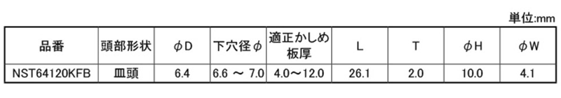ステン-ステン Nフィックスボルト(皿頭)(アウターロック 高強度構造用リベット)(NST-KFB)(ニッセン製)の寸法表