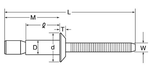ロブテックス 鉄-鉄 Sボルト 高強度リベット(インナーロック) LAL(皿頭)の寸法図
