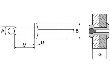 ACリベット ステン-鉄 ブラインドリベット AC-S(アブデル)の寸法図