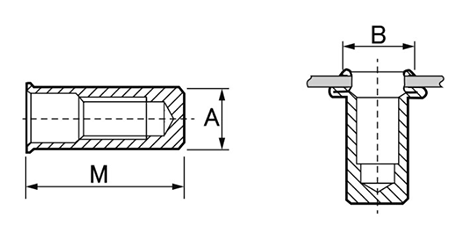 鉄 薄頭クローズエンドTS ナットサート(FS38タイプ)の寸法図