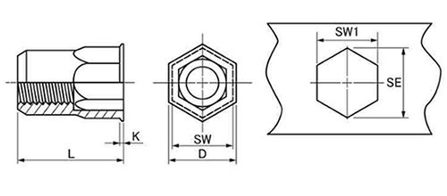 ステンレス ブラインドナット (半六角・薄頭形状) SS-HA-SM●●(JET FAST品)の寸法図