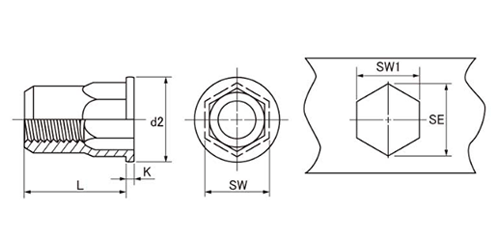 ステンレス ブラインドナット (半六角・平頭形状) HEX SS-HA-LM●●(JET FAST品)の寸法図