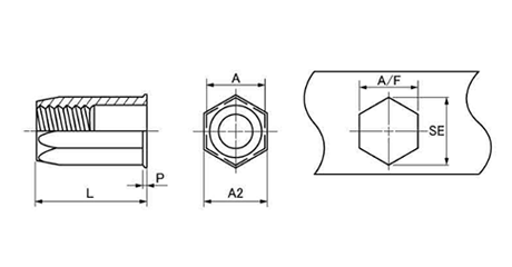 鉄 ブラインドナット (六角ボディ・皿頭) HH-SM●(JET FAST品)の寸法図
