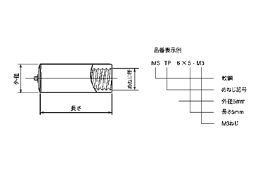 軟鋼 めねじスタッド MS-TP型(外径＝6) 日本ドライブイットの寸法図