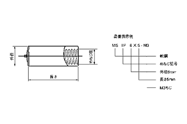 軟鋼 めねじスタッド MS-TP型(外径＝10) 日本ドライブイットの寸法図