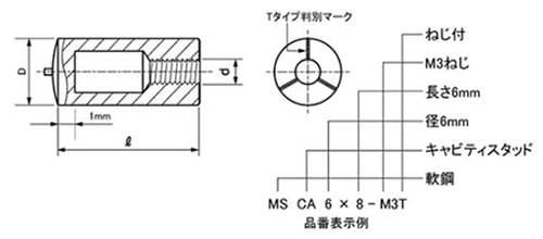 軟鋼 めねじキャビティスタッド MSCA6-T型(ねじ有)(外径＝6) 日本ドライブイットの寸法図