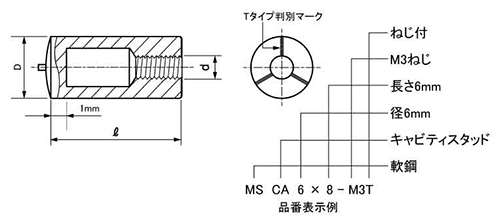 軟鋼 めねじキャビティスタッド MSCA6-T型(ねじ有)(外径＝10) 日本ドライブイットの寸法図