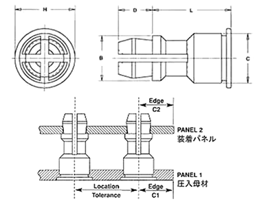 鉄 PEM セルフクリンチング スナップトップ スタンドオフ・スペーサ (SSS)の寸法図