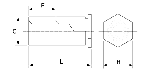 鉄 PEM クリンチング スペーサ スタンドオフ (BSO) ブラインドタイプの寸法図