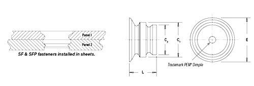 ステンレス PEM スポットファーストファスナー (SFP)(薄板二枚板締結金具)の寸法図