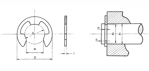 ステンレス E形止め輪(Eリング)スタック(連結型)(大陽ステンB規格製)の寸法図
