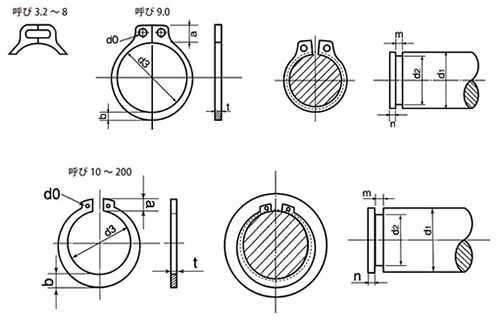 ステンレス SUS316 C形止め輪(スナップリング)(軸用)(大陽ステン製)の寸法図