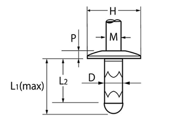 鉄-鉄 POP HRタイプ(ブラインド)リベット ラージフランジ SD■HR-LF(丸頭ラージ)の寸法図