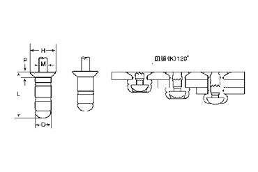 アルミ-鉄 POP HRタイプ(ブラインド)リベット TAP/K■HR(皿頭)の寸法図