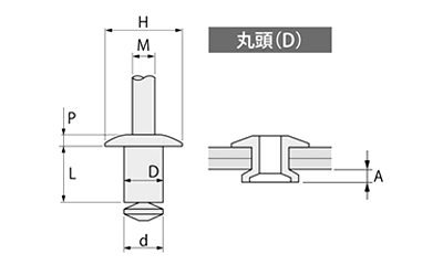 アルミ-鉄 POP 低座屈タイプリベット TAPD■BHM-■L (丸頭)の寸法図