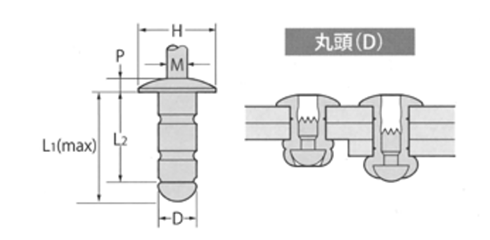 アルミ-鉄 POP SMHタイプ(低座屈・ブラインド)リベット TAP-D■SMH (丸頭)の寸法図