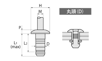 アルミ-アルミ POP ハイストレングスリベット (AD■AHS)(丸頭)(構造体用)の寸法図