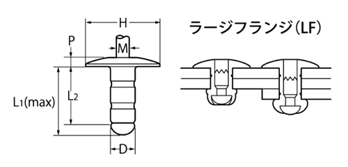 アルミ-ステン POP高圧着タイプ(ブラインド)リベット ラージフランジ TAPD■SSHR-LF(丸頭ラージ)の寸法図