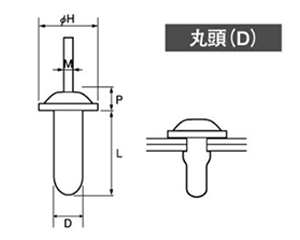 アルミ-鉄 POP HRタイプ(ブラインド)キャップリベット(防水タイプ)(丸頭)の寸法図